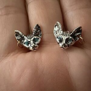 Silver Sphynx Cat Earrings with Blue Eyes
